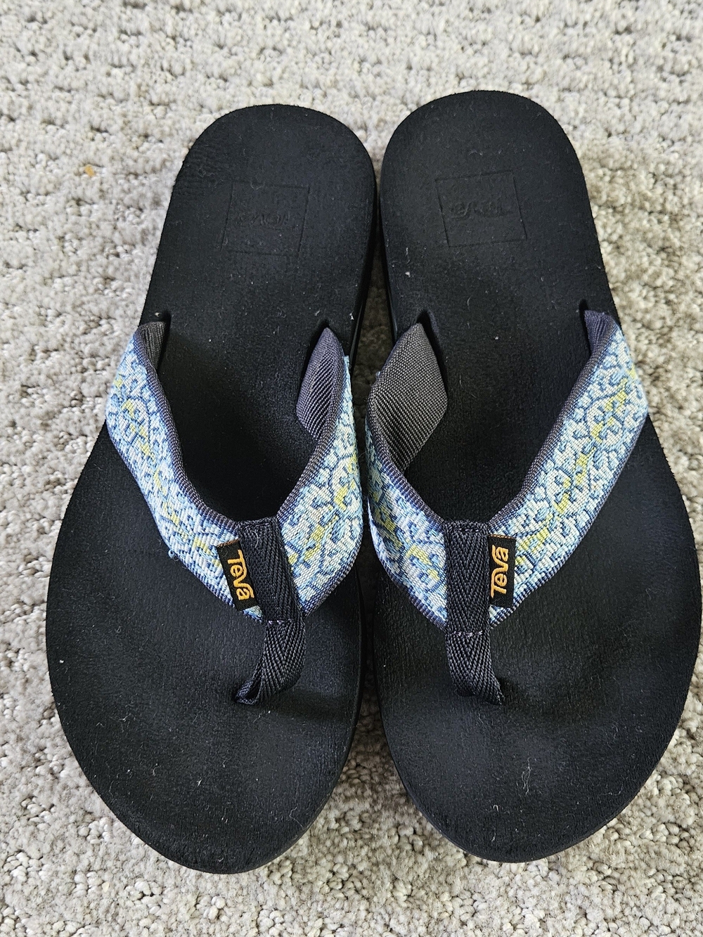 Teva Women's Black Flip Flop Sandals with Blue Patterned Straps